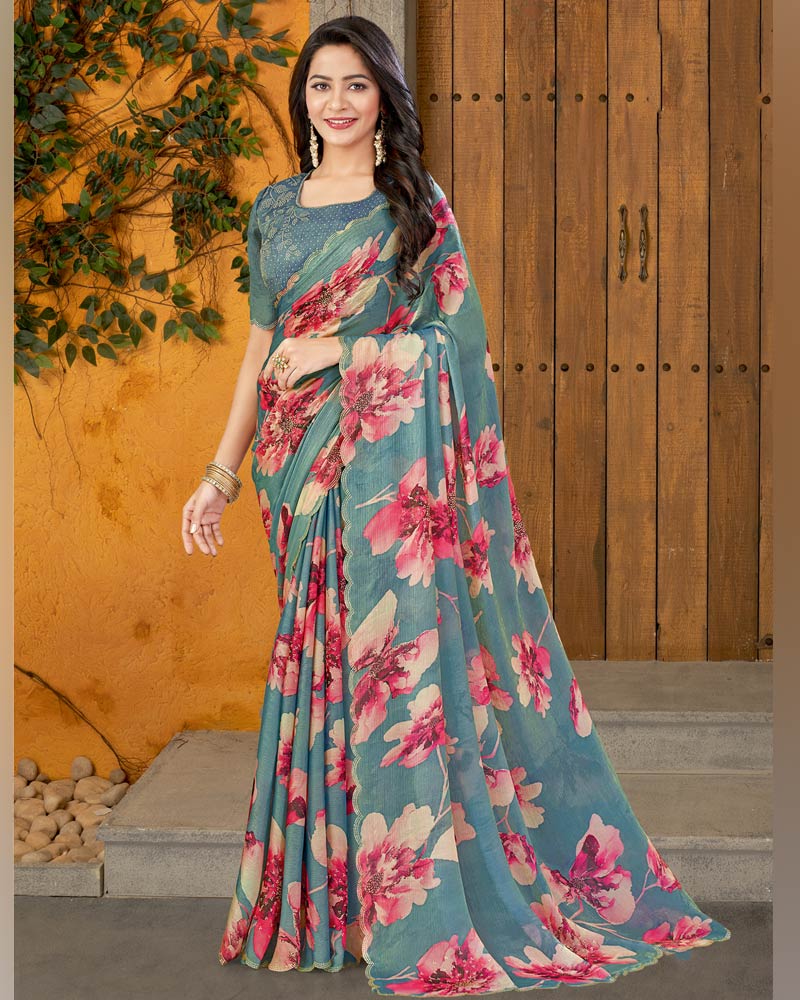 Vishal Prints Sage Green Designer Satin Chiffon Saree With Diamond Work And Cut Work Border