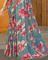 Vishal Prints Sage Green Designer Satin Chiffon Saree With Diamond Work And Cut Work Border