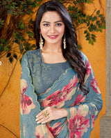 Vishal Prints Sage Green Designer Satin Chiffon Saree With Diamond Work And Cut Work Border