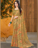 Vishal Prints Dark Mustard Designer Satin Chiffon Saree With Diamond Work And Cut Work Border