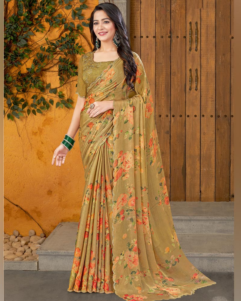 Vishal Prints Dark Mustard Designer Satin Chiffon Saree With Diamond Work And Cut Work Border