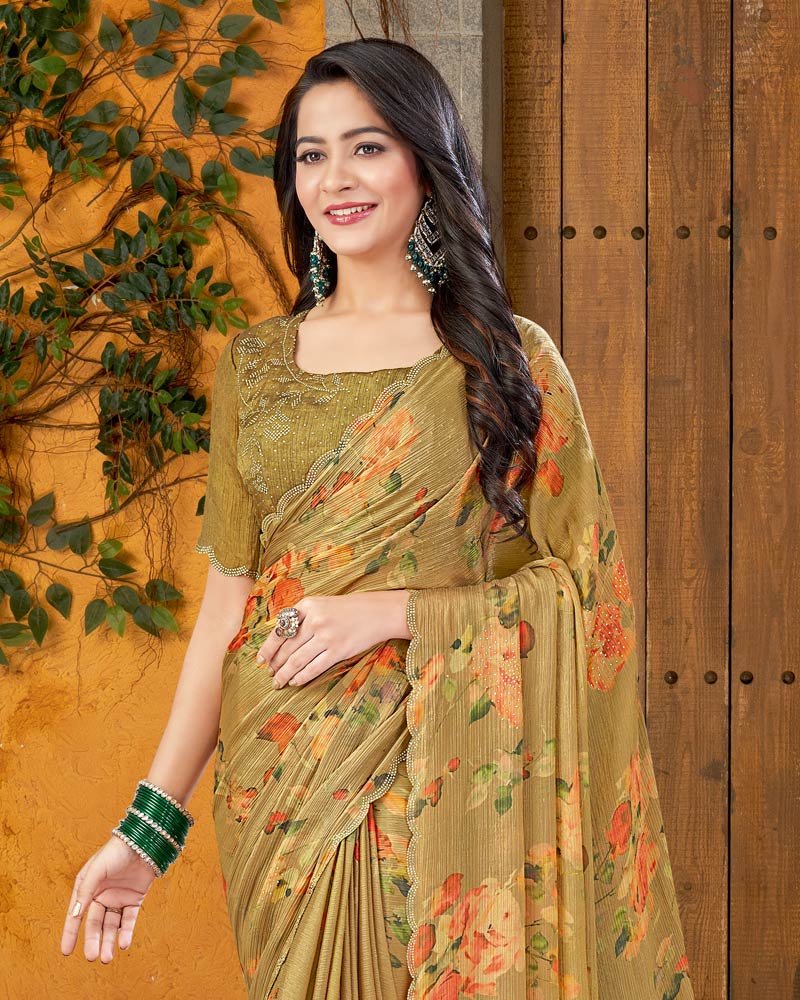 Vishal Prints Dark Mustard Designer Satin Chiffon Saree With Diamond Work And Cut Work Border