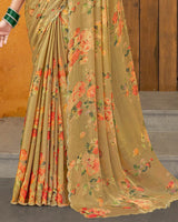 Vishal Prints Dark Mustard Designer Satin Chiffon Saree With Diamond Work And Cut Work Border