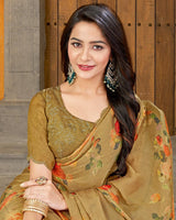 Vishal Prints Dark Mustard Designer Satin Chiffon Saree With Diamond Work And Cut Work Border