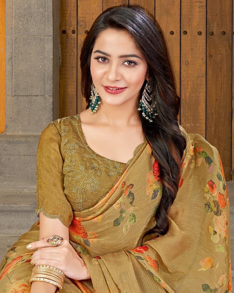 Vishal Prints Dark Mustard Designer Satin Chiffon Saree With Diamond Work And Cut Work Border