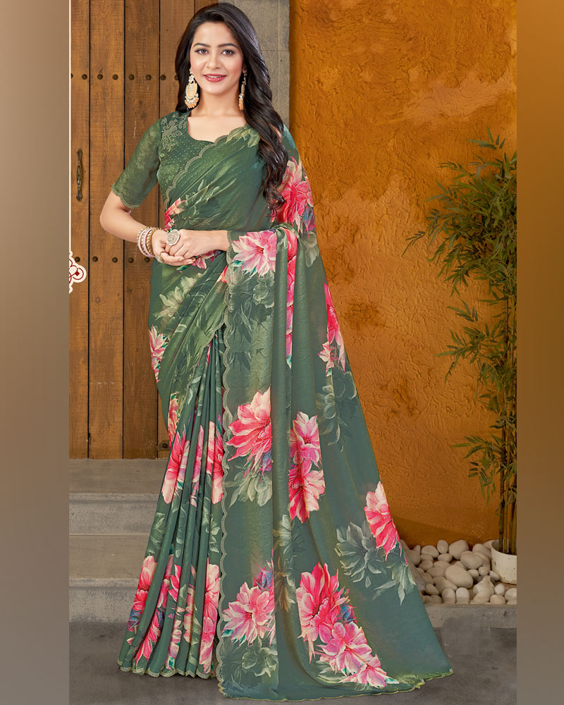 Vishal Prints Hazel Green Designer Satin Chiffon Saree With Diamond Work And Cut Work Border