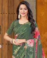 Vishal Prints Hazel Green Designer Satin Chiffon Saree With Diamond Work And Cut Work Border