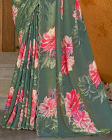 Vishal Prints Hazel Green Designer Satin Chiffon Saree With Diamond Work And Cut Work Border