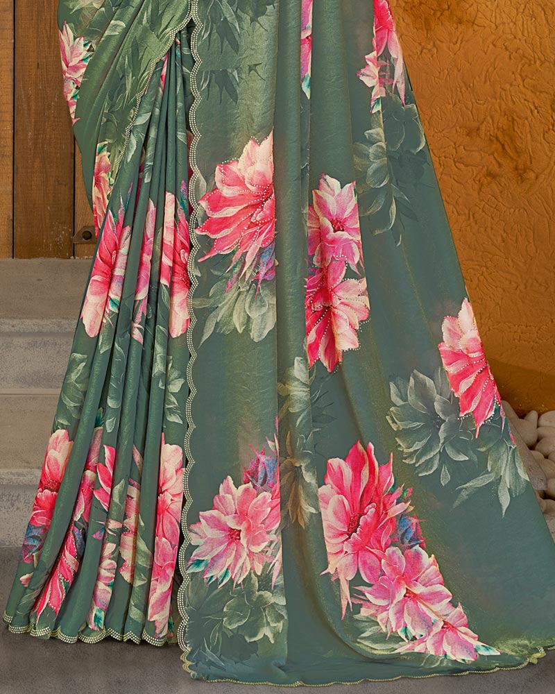 Vishal Prints Hazel Green Designer Satin Chiffon Saree With Diamond Work And Cut Work Border