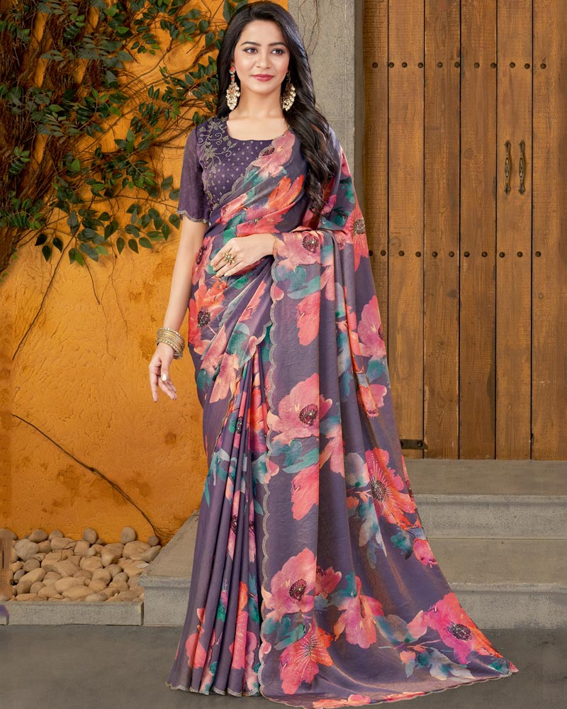 Vishal Prints Old Lavender Designer Satin Chiffon Saree With Diamond Work And Cut Work Border
