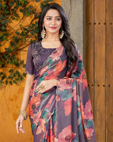 Vishal Prints Old Lavender Designer Satin Chiffon Saree With Diamond Work And Cut Work Border
