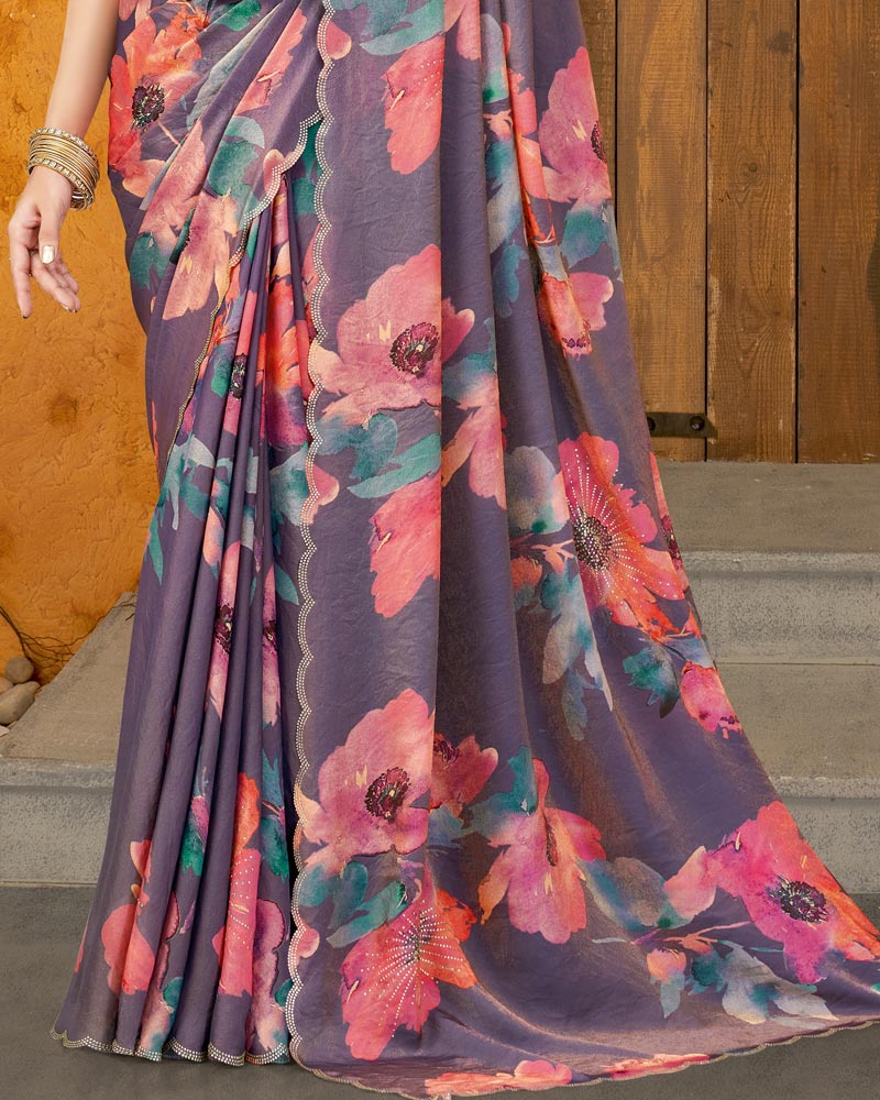 Vishal Prints Old Lavender Designer Satin Chiffon Saree With Diamond Work And Cut Work Border