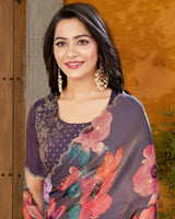 Vishal Prints Old Lavender Designer Satin Chiffon Saree With Diamond Work And Cut Work Border