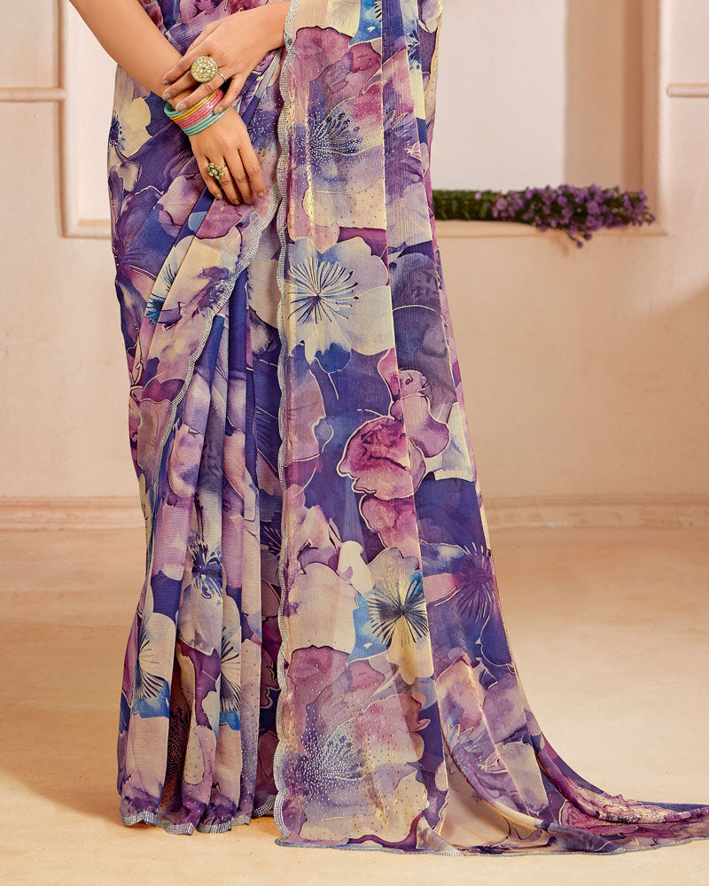 Vishal Prints Twilight Purple Designer Satin-Chiffon Saree With Diamond Work And Cut Work Border