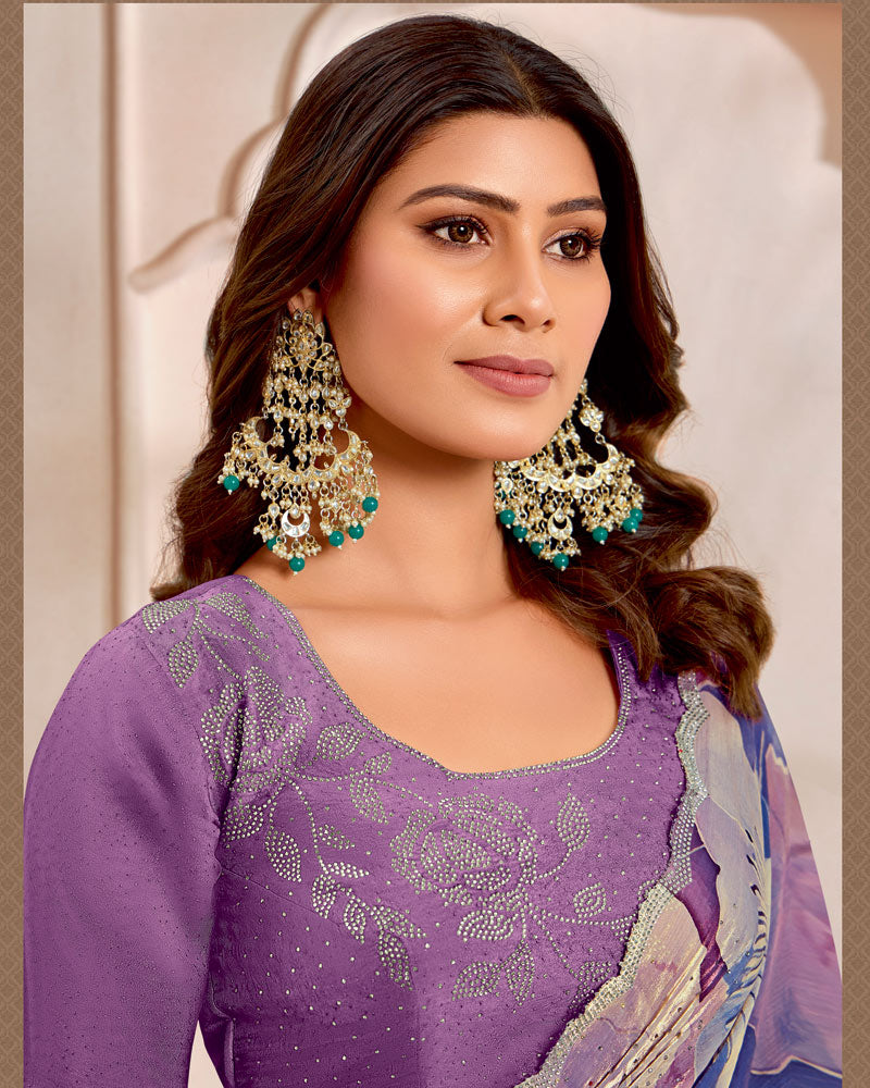 Vishal Prints Twilight Purple Designer Satin-Chiffon Saree With Diamond Work And Cut Work Border