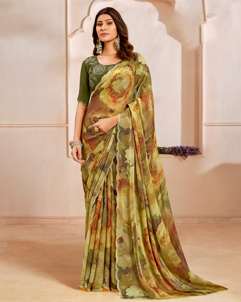 Vishal Prints Rusty And Sandy Brown Designer Satin-Chiffon Saree With Diamond Work And Cut Work Border
