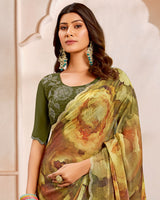 Vishal Prints Rusty And Sandy Brown Designer Satin-Chiffon Saree With Diamond Work And Cut Work Border