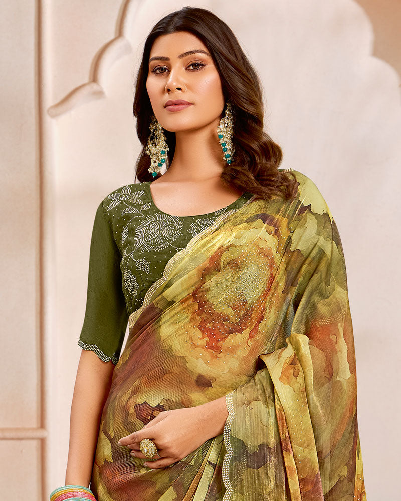 Vishal Prints Rusty And Sandy Brown Designer Satin-Chiffon Saree With Diamond Work And Cut Work Border