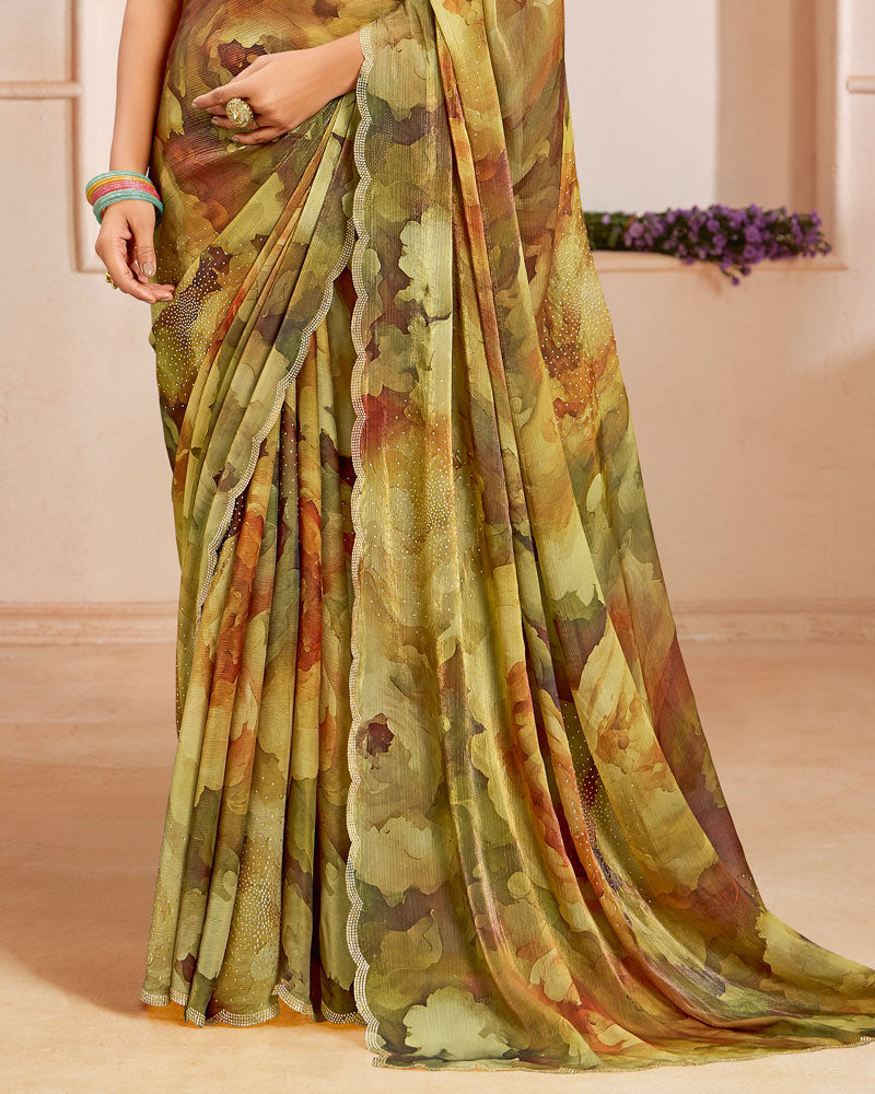 Vishal Prints Rusty And Sandy Brown Designer Satin-Chiffon Saree With Diamond Work And Cut Work Border