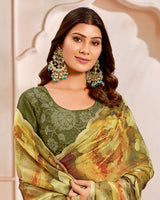 Vishal Prints Rusty And Sandy Brown Designer Satin-Chiffon Saree With Diamond Work And Cut Work Border