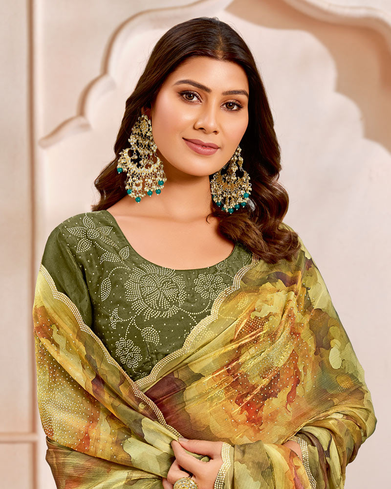 Vishal Prints Rusty And Sandy Brown Designer Satin-Chiffon Saree With Diamond Work And Cut Work Border