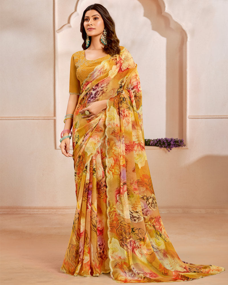 Vishal Prints Persian Orange Designer Satin-Chiffon Saree With Diamond Work And Cut Work Border