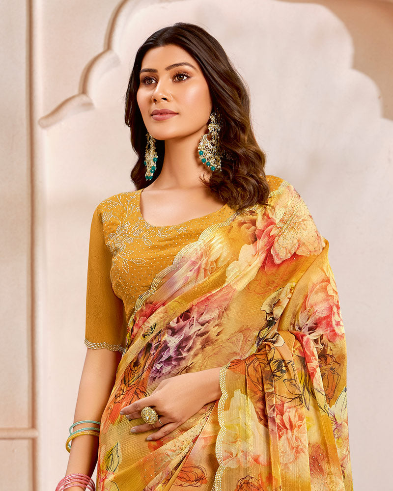 Vishal Prints Persian Orange Designer Satin-Chiffon Saree With Diamond Work And Cut Work Border