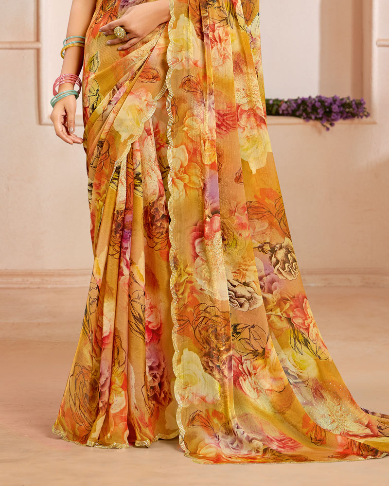 Vishal Prints Persian Orange Designer Satin-Chiffon Saree With Diamond Work And Cut Work Border