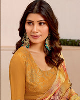 Vishal Prints Persian Orange Designer Satin-Chiffon Saree With Diamond Work And Cut Work Border