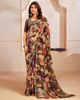 Vishal Prints Chocolate And Sandy Brown Designer Satin-Chiffon Saree With Diamond Work And Cut Work Border