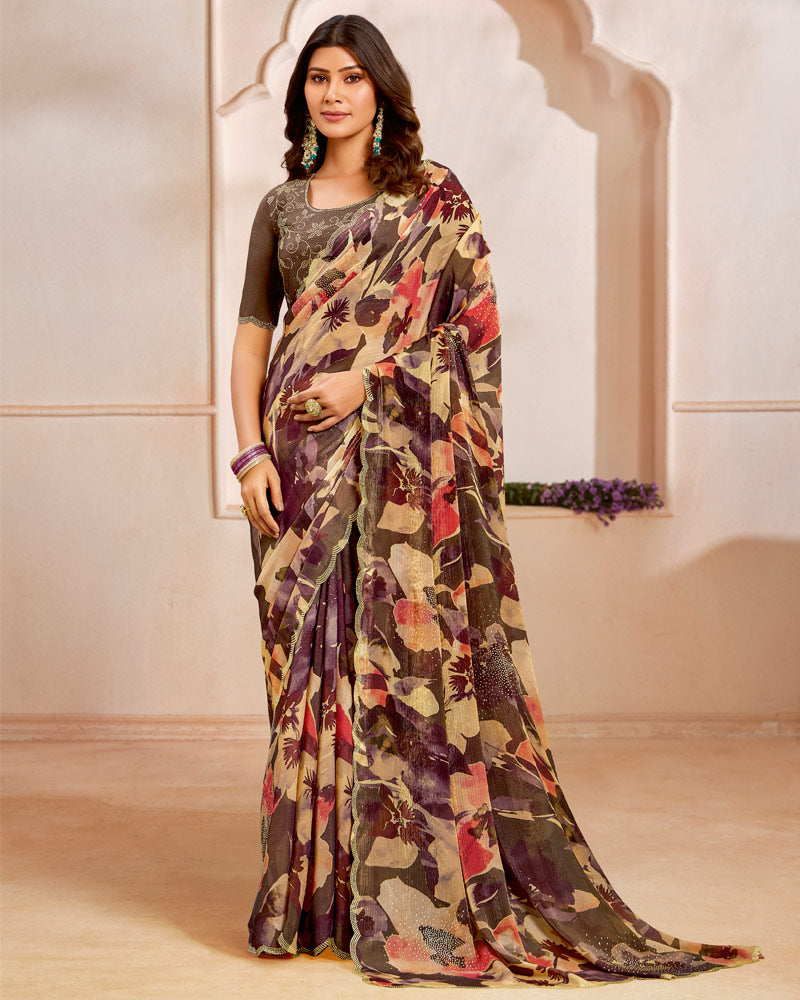 Vishal Prints Chocolate And Sandy Brown Designer Satin-Chiffon Saree With Diamond Work And Cut Work Border