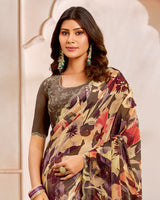 Vishal Prints Chocolate And Sandy Brown Designer Satin-Chiffon Saree With Diamond Work And Cut Work Border