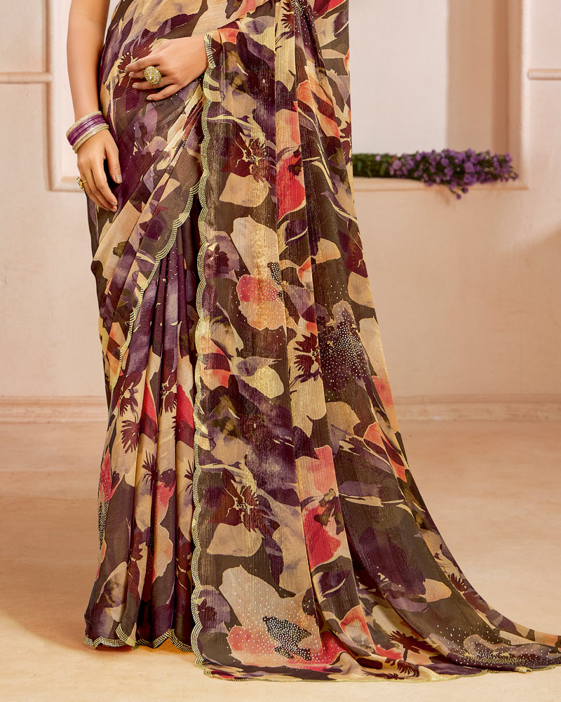 Vishal Prints Chocolate And Sandy Brown Designer Satin-Chiffon Saree With Diamond Work And Cut Work Border