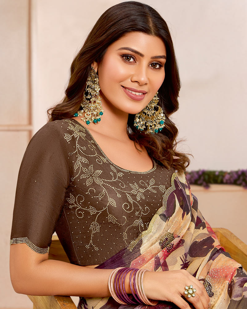 Vishal Prints Chocolate And Sandy Brown Designer Satin-Chiffon Saree With Diamond Work And Cut Work Border