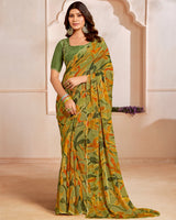 Vishal Prints Khaki Green Designer Satin-Chiffon Saree With Diamond Work And Cut Work Border