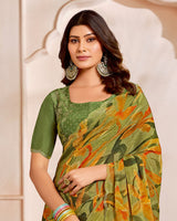 Vishal Prints Khaki Green Designer Satin-Chiffon Saree With Diamond Work And Cut Work Border