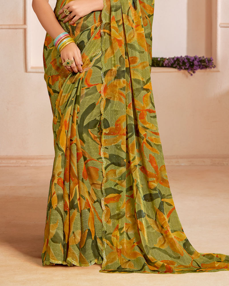 Vishal Prints Khaki Green Designer Satin-Chiffon Saree With Diamond Work And Cut Work Border