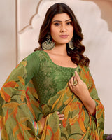 Vishal Prints Khaki Green Designer Satin-Chiffon Saree With Diamond Work And Cut Work Border