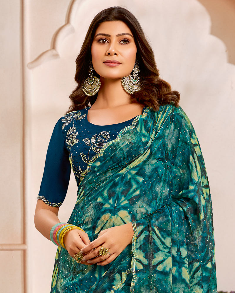 Vishal Prints Dark Aqua Green Designer Satin-Chiffon Saree With Diamond Work And Cut Work Border