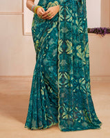 Vishal Prints Dark Aqua Green Designer Satin-Chiffon Saree With Diamond Work And Cut Work Border