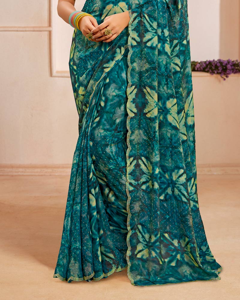 Vishal Prints Dark Aqua Green Designer Satin-Chiffon Saree With Diamond Work And Cut Work Border