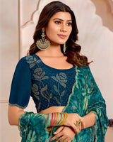 Vishal Prints Dark Aqua Green Designer Satin-Chiffon Saree With Diamond Work And Cut Work Border