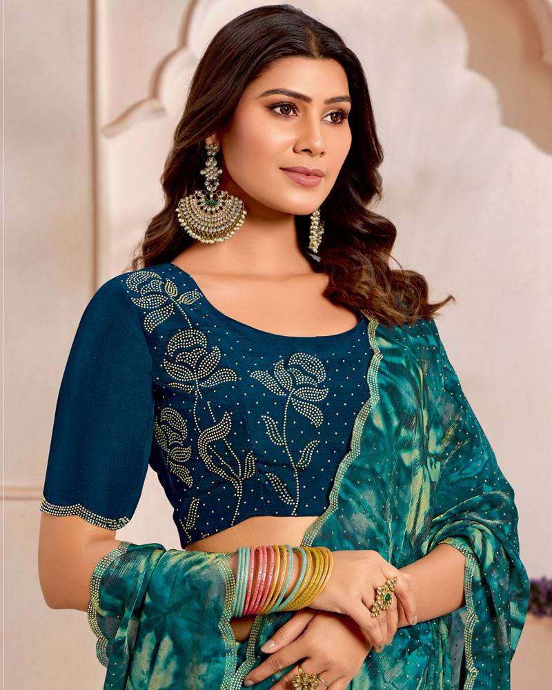 Vishal Prints Dark Aqua Green Designer Satin-Chiffon Saree With Diamond Work And Cut Work Border