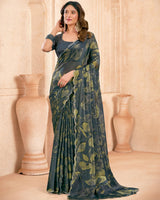 Vishal Prints Carbon Grey Designer Satin-Chiffon Digital Print Saree With Diamond Work And Cut Work Border