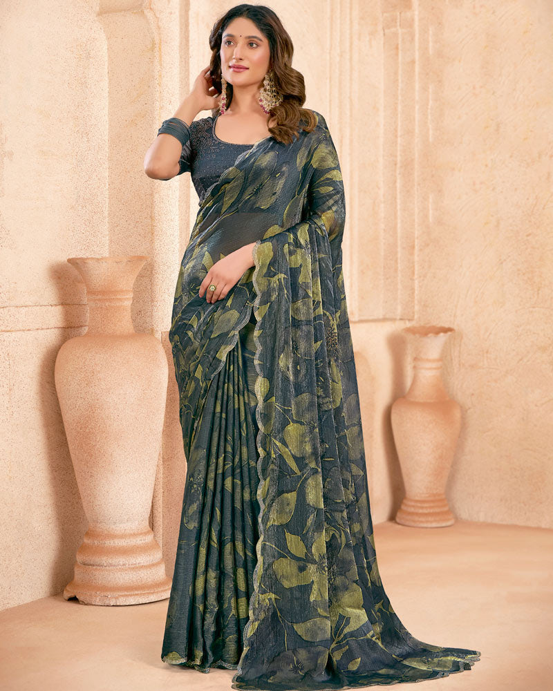 Vishal Prints Carbon Grey Designer Satin-Chiffon Digital Print Saree With Diamond Work And Cut Work Border