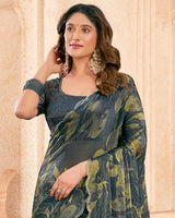 Vishal Prints Carbon Grey Designer Satin-Chiffon Digital Print Saree With Diamond Work And Cut Work Border