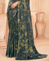 Vishal Prints Carbon Grey Designer Satin-Chiffon Digital Print Saree With Diamond Work And Cut Work Border