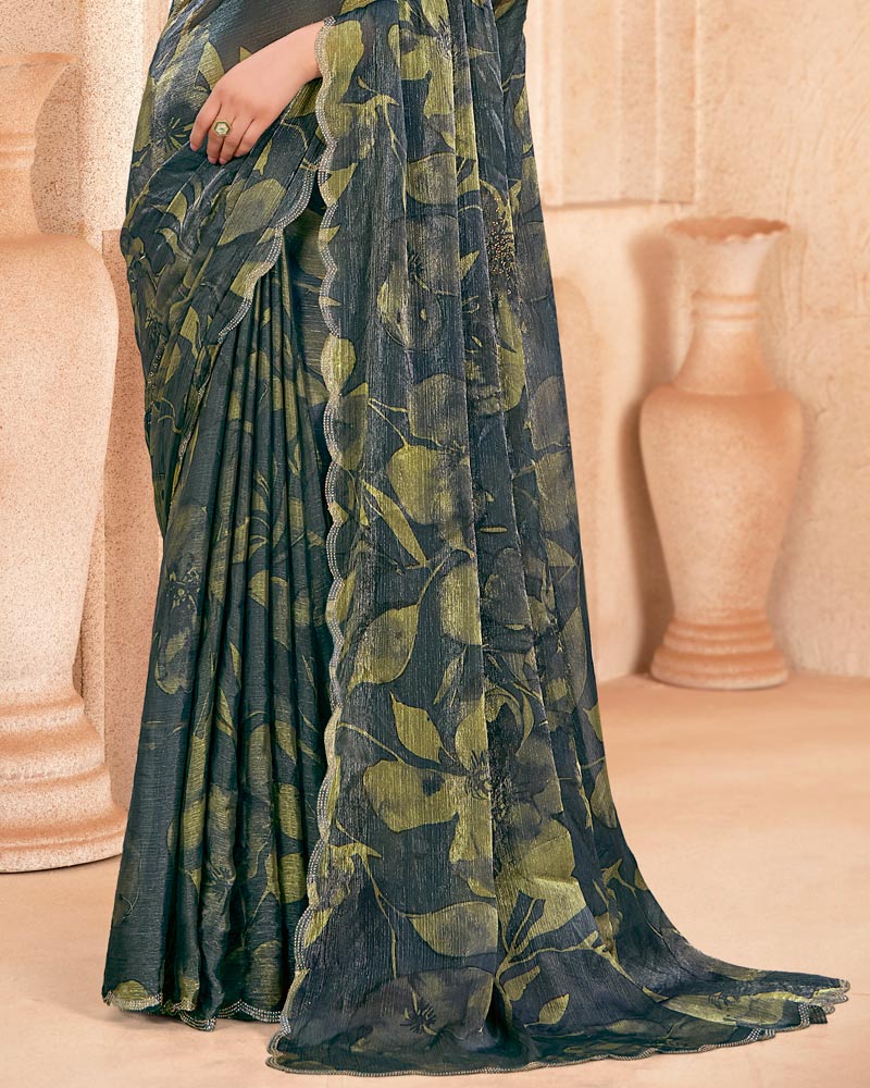 Vishal Prints Carbon Grey Designer Satin-Chiffon Digital Print Saree With Diamond Work And Cut Work Border