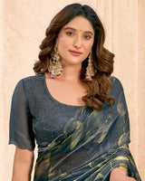 Vishal Prints Carbon Grey Designer Satin-Chiffon Digital Print Saree With Diamond Work And Cut Work Border