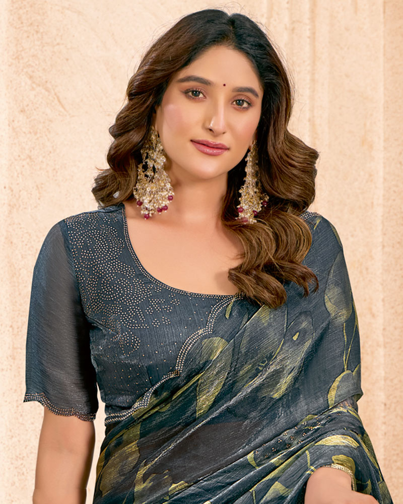 Vishal Prints Carbon Grey Designer Satin-Chiffon Digital Print Saree With Diamond Work And Cut Work Border